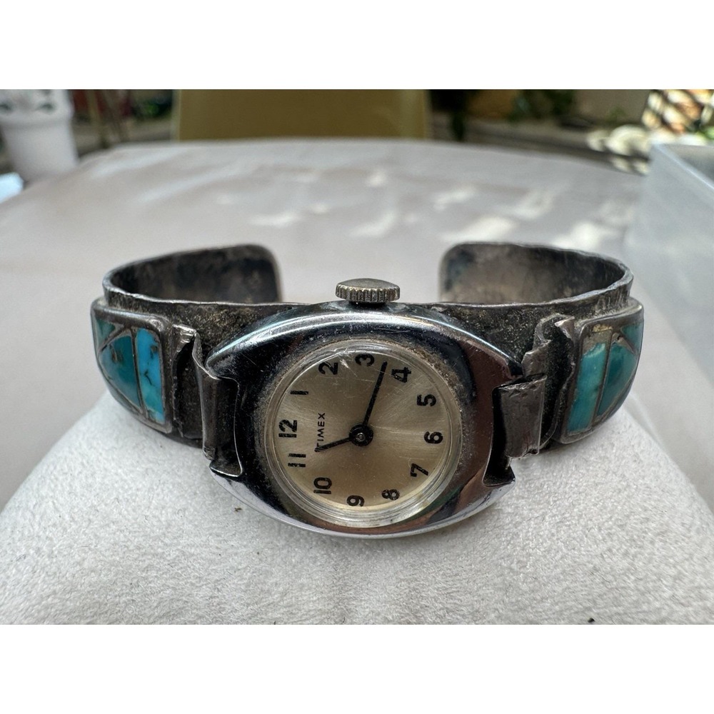 Fred Weekoty Zuni Turquoise Inlay Timex Watch Cuff Signed F.W. 37.75g